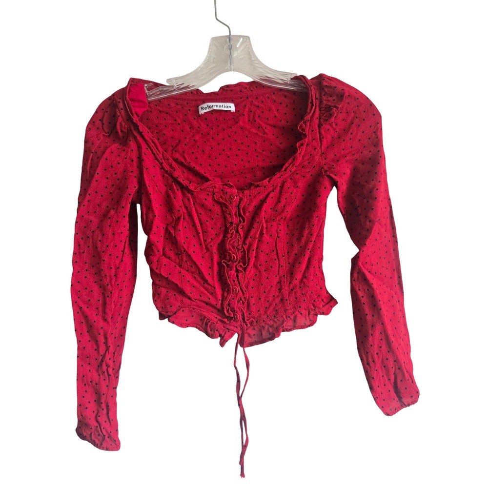 Reformation 0 Polka Dot Crop Top Red Excellent Ruffle Button Front Long Sleeve